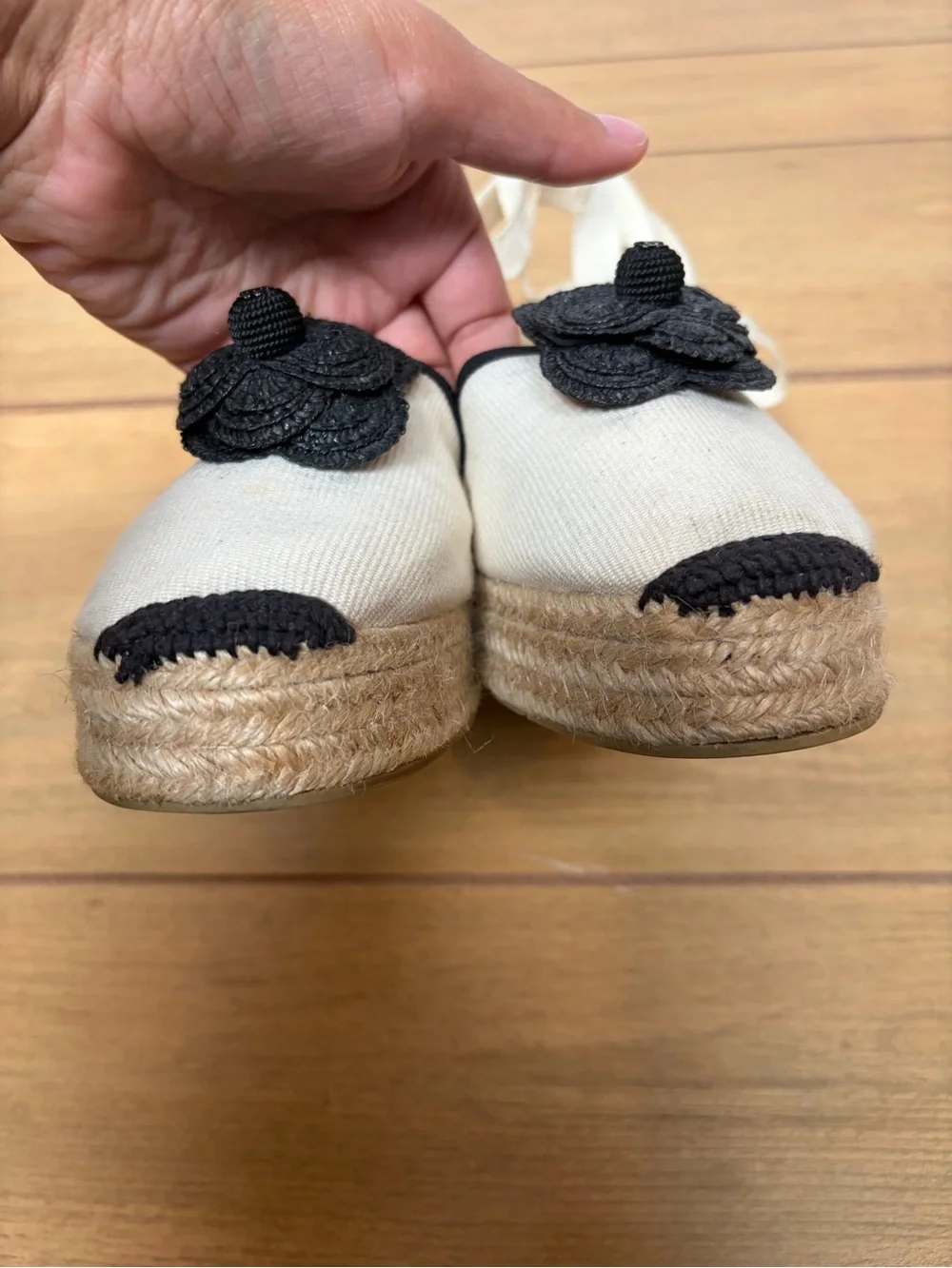 Chanel Cream and Black Camellia Flower Espadrille Wedges Ballerina Ribbon Ties